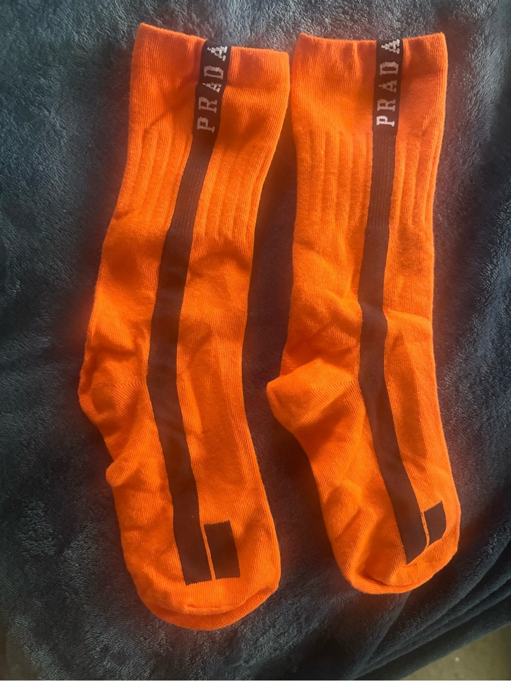 Prada Bright Orange Crew Socks with Black Stripe